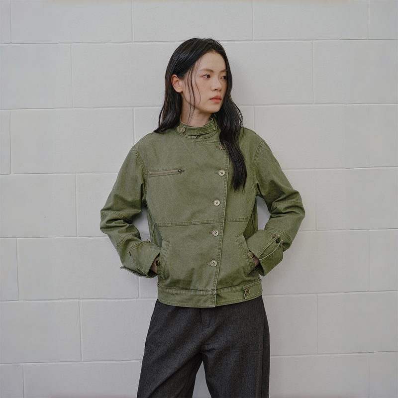 Amweird Autumn Vintage Washed Green Distressed Slim Fit Jacket Casual Asymmetrical Placket Short Stand Collar Coat for Women