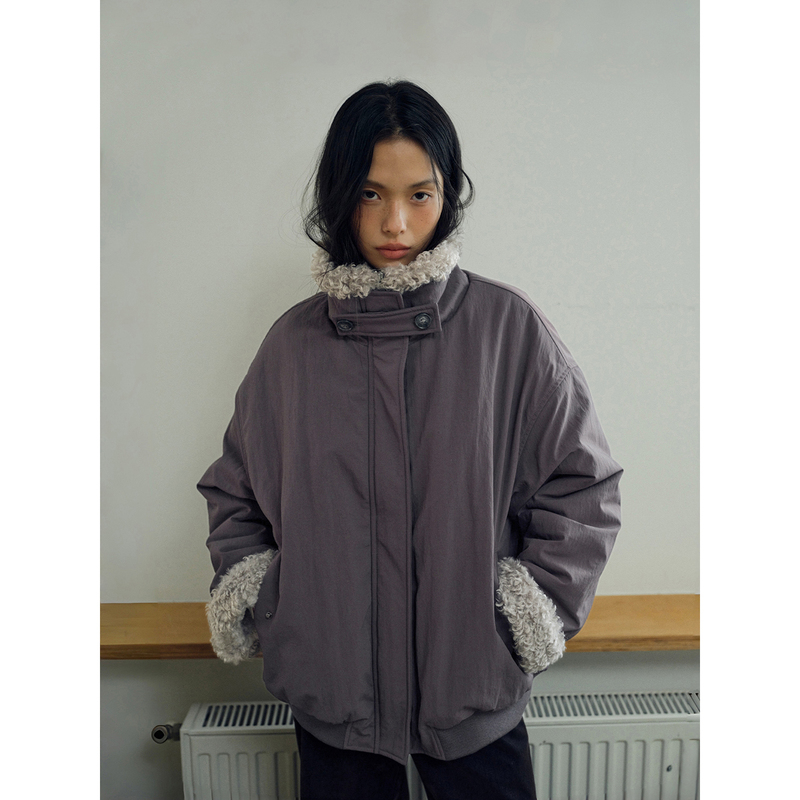 Amweird New Style Patchwork Plush Lining Fur Collar Cotton Jacket Autumn and Winter Padded Jacket Warm Jacket