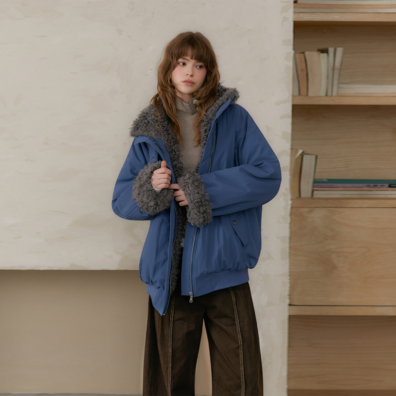 Amweird 25Aw “Deep Sea” Blue Patchwork Plush Lining Fur Collar Jacket Cotton Coat