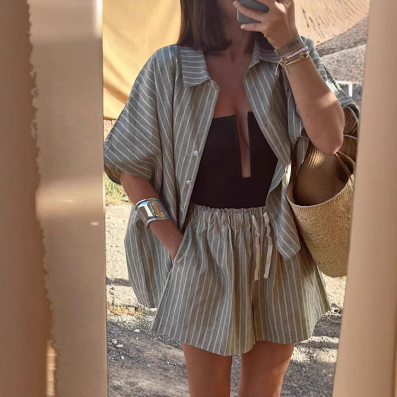 European and American Summer Striped Shirt Pocket Shorts Loose Casual Suit Women Loose Casual Suit