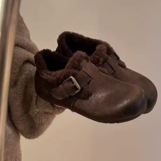 女鞋尤加利2025冬季新款休闲复古百搭平底一脚蹬加棉勃肯鞋