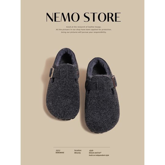 真皮加绒全包勃肯鞋女2025秋冬款百搭保暖毛毛鞋厚底博肯单鞋外穿