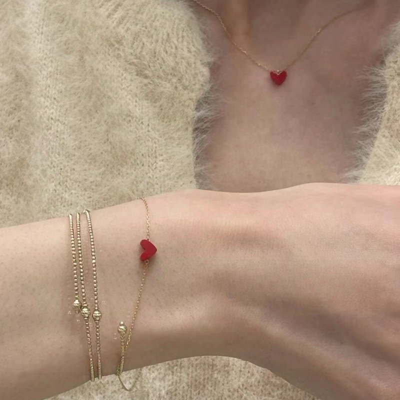 Ah.K Small Red Heart Necklace Niche Japanese Style S925 Silver Gold-Plated Clavicle Chain Exquisite Mini Versatile Heart-Shaped Bracelet