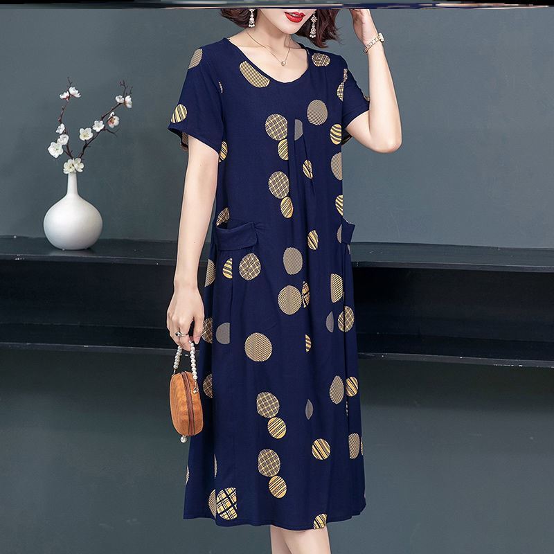 more than 50 year old aged microfat mom dresses artificial cotton polo-point temperament noble summer cotton silk