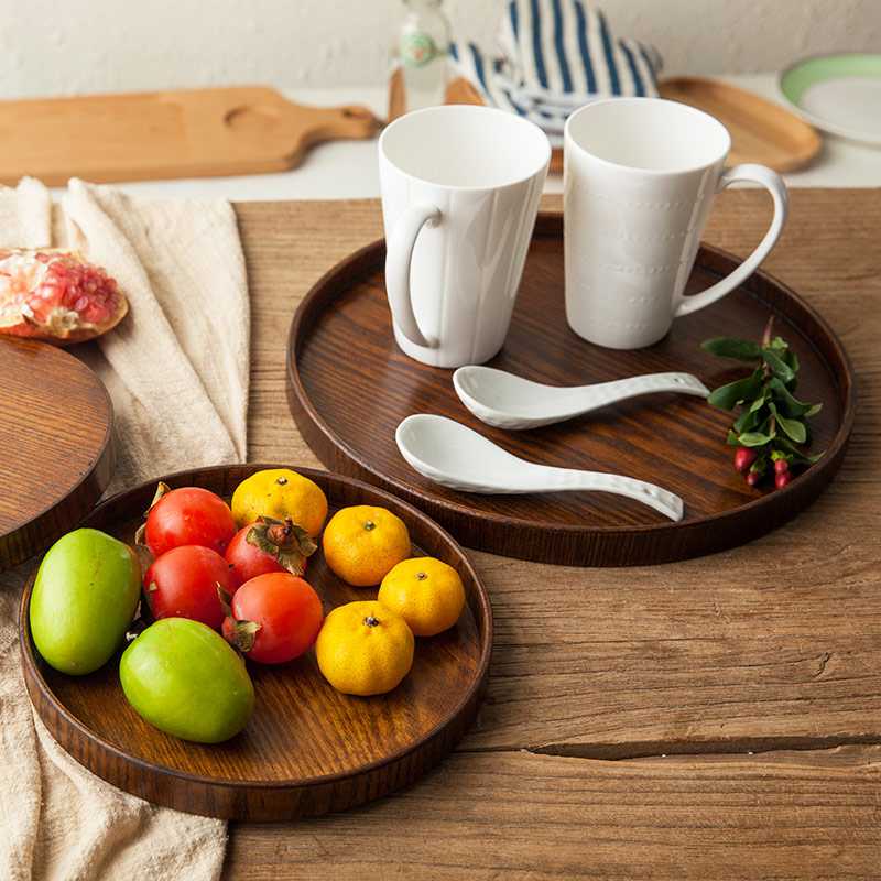 Nhật Bản phong cách tấm gỗ rắn gỗ tròn khay khay trà kích thước tấm gỗ tấm ăn tối tấm tráng miệng tấm gỗ tấm trái cây - Tấm