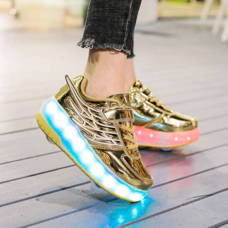Children Double wheel charging Walking Shoes Boy Wings Wheel Sliding Shoes Front And Back Wheels Shoes Women Bursting Shoelace Wheels Shoes