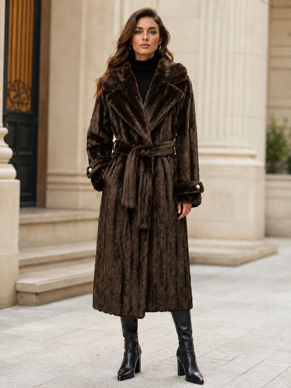 Imitation Mink Fur Coat, Fashionable Winter Eco-Friendly Faux Fur Jacket, European and American Cross-Border Women's Brown Extended Style