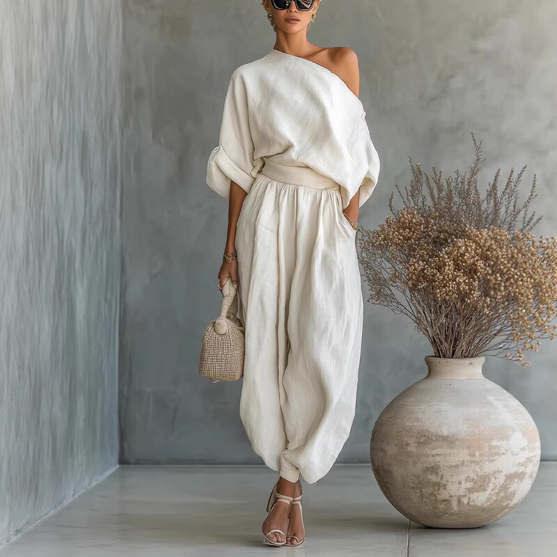 2026 European and American Spring New Style Amazon Solid Color Elegant Off-Shoulder T-Shirt with Pockets Versatile Casual Loose Two-Piece Set 2026 European and American Spring New Style Amazon Solid Color Elegant Off-Shoulder T-Shirt with Pockets Versatile Casual Loose Two-Piece Set