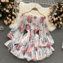Chiffon skirt womens beach skirt sun protection split floral skirt waist slimming off-shoulder one-shoulder puff sleeve holiday skirt