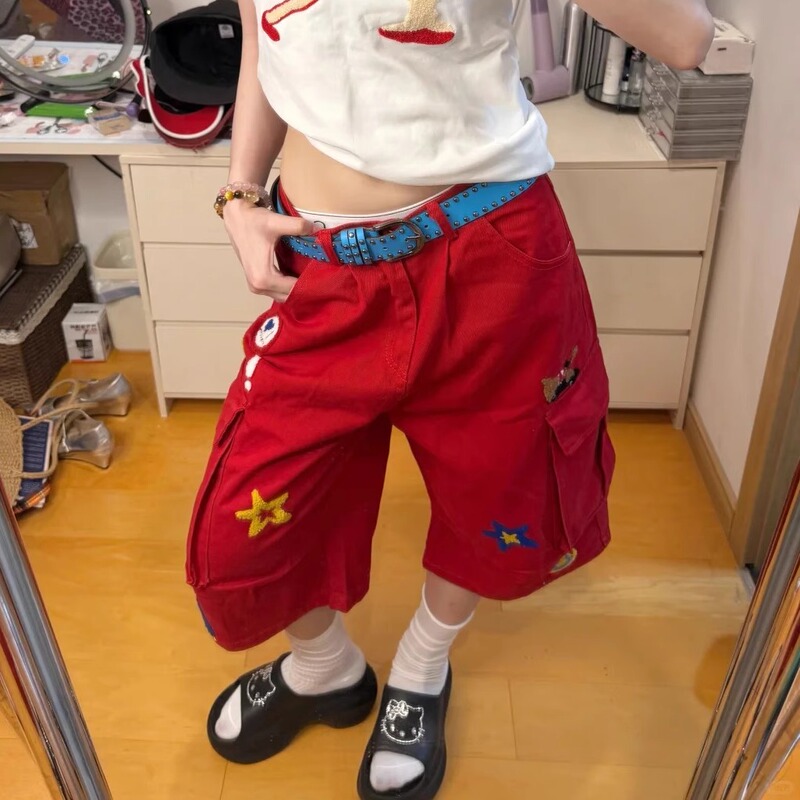 W12S Original Design Cartoon Flocking Embroidered Cargo Pants for Women 2025 Summer Street Style Loose Red Cropped Pants