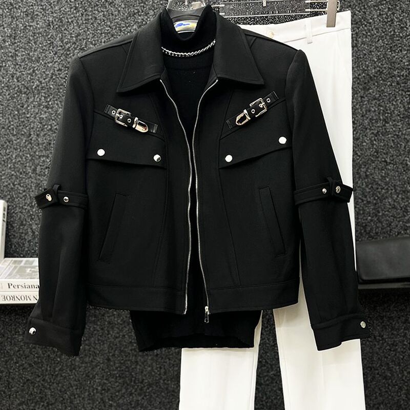 American-Style Metal Zipper Deconstructed Design Jacket for Men, Trendy Brand, New Autumn Black Short Padded Shoulder Jacket