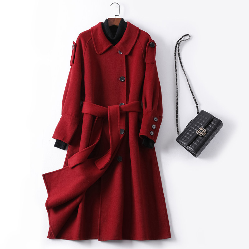 2022 autumn and winter new double sided wool What to do with baby Hebenwind doll collar Long version of the belt temperament Han version Female jacket