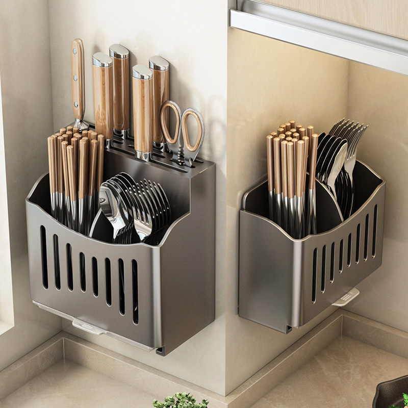Knife holder, chopsticks, cage box integrated stainless steel kitchen storage rack, spoon, chopstick cage tool storage without hole punching wall hanging