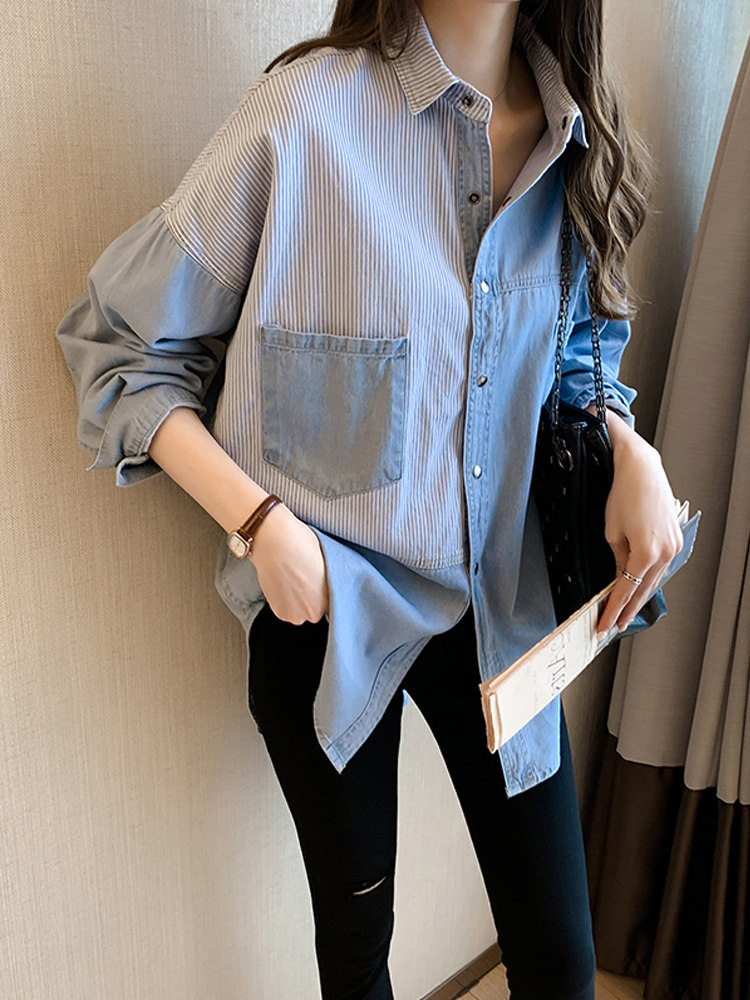 2021 autumn new denim striped shirt design sense niche light cooked top retro Hong Kong flavor long-sleeved shirt tide