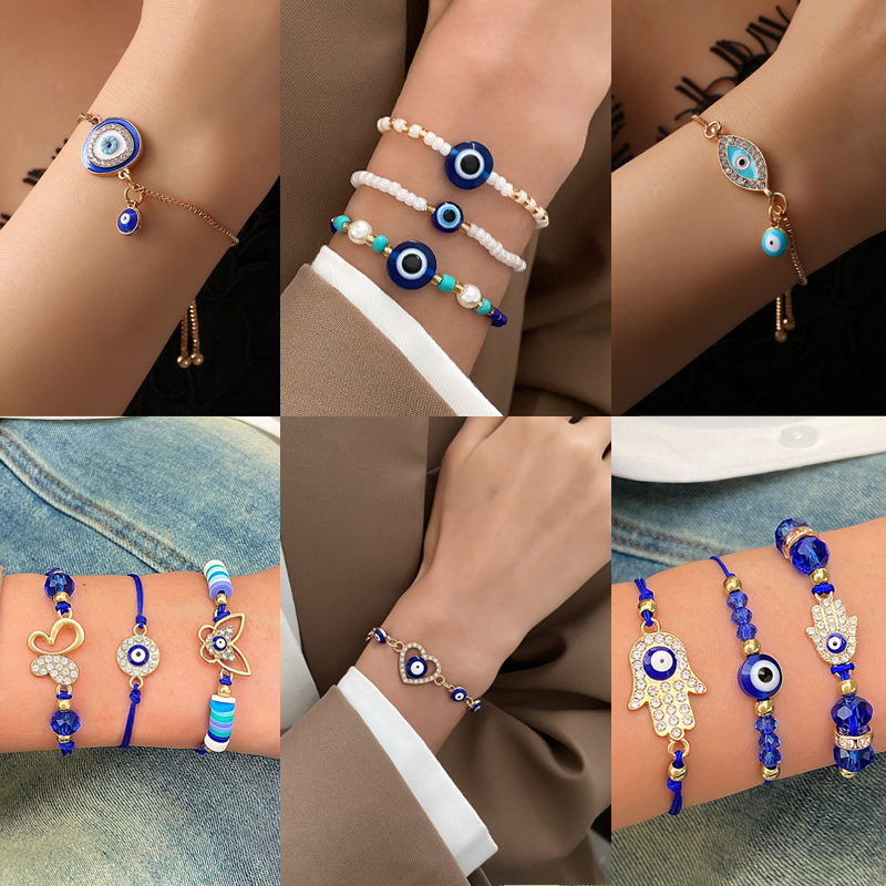 European and American New Style Blue Eye Beaded Bracelet for Women, Bohemian Style Devil's Eye Fashionable Temperament Bracelet Set, Trendy European and American New Style Blue Eye Beaded Bracelet for Women, Bohemian Style Devil's Eye Fashionable Temperament Bracelet Set, Trendy