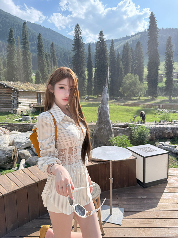 Tutu【Kill the A4 Waist】Designed with Lace Splicing, Slim-Fitting, Long-Sleeved Shirt Jacket That Makes You Look Slimmer # Ct2013