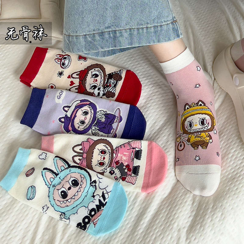 Seamless Socks for Women, Spring and Autumn Thin Style, Cute Cartoon Tycoco Pure Cotton Short Socks, Versatile Mid-Calf Socks for Students