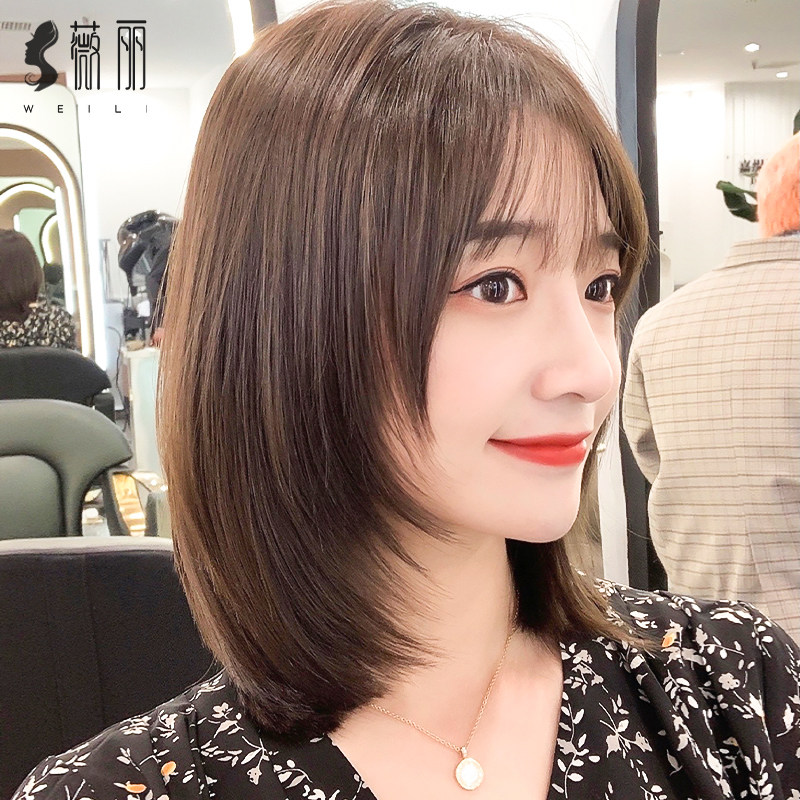 Wig female hair lace wig real hair high-level facial repair age reduction summer long hair short collarbone hair full head cover