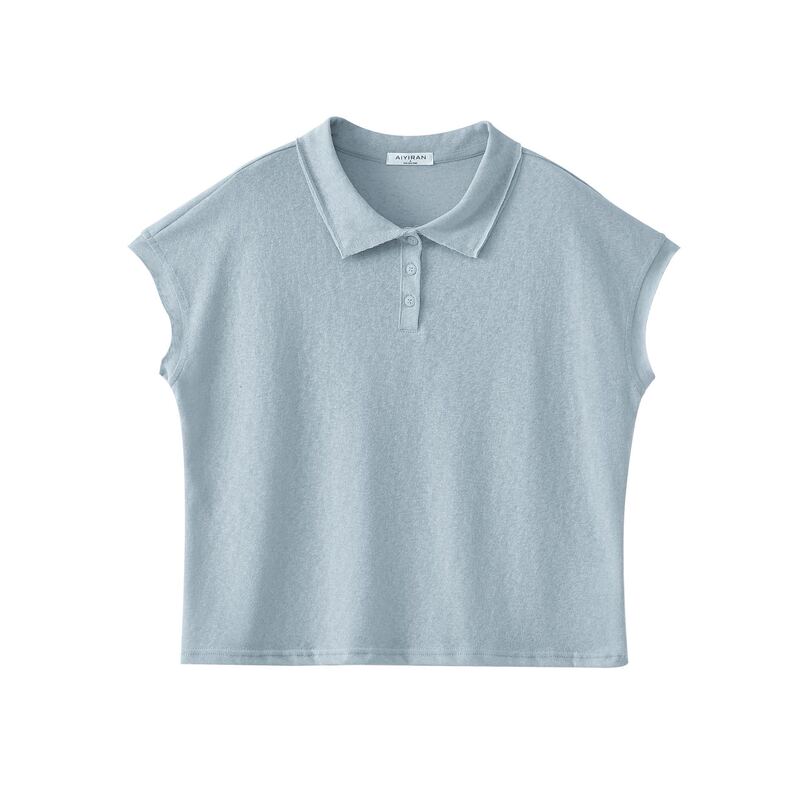 X266858-Women's Polo Collar Cotton and Linen Top X266858-Women's Polo Collar Cotton and Linen Top