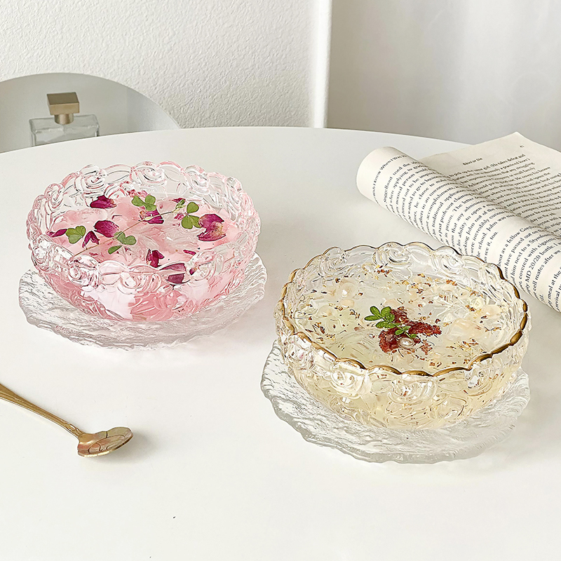 High-Quality Glass Rose Dessert Bowl and Plate Set, Exquisite White Fungus Soup Bird's Nest Bowl with Spoon, Sugar Water Yogurt Oatmeal Bowl