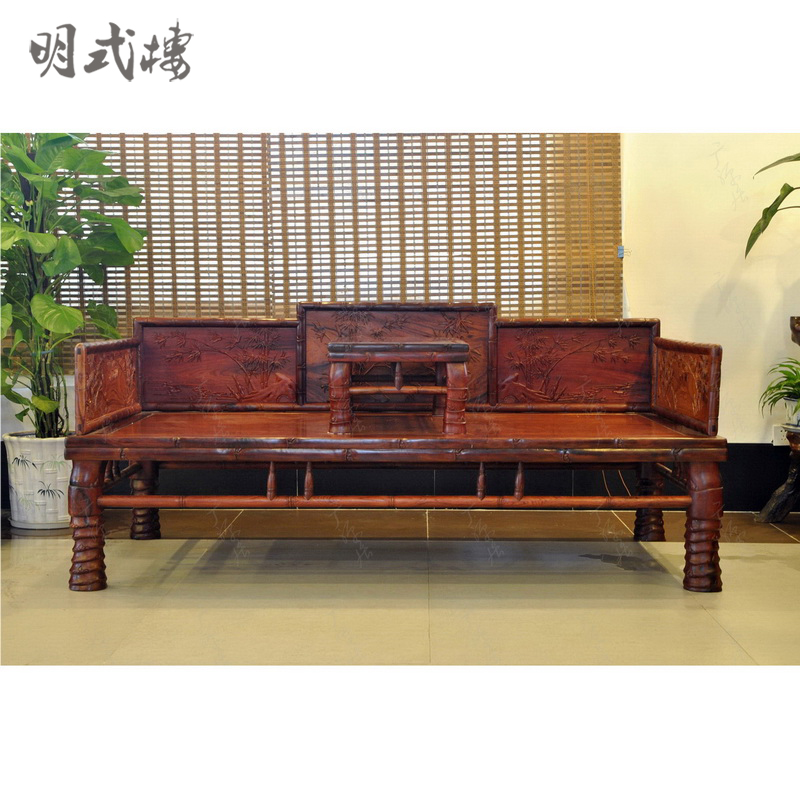 Mahogany Furniture Laos Red Rosewood Bari Rosewood Flower Branch Bamboo Arhat Bed Two-Piece Set (Spot B1309)