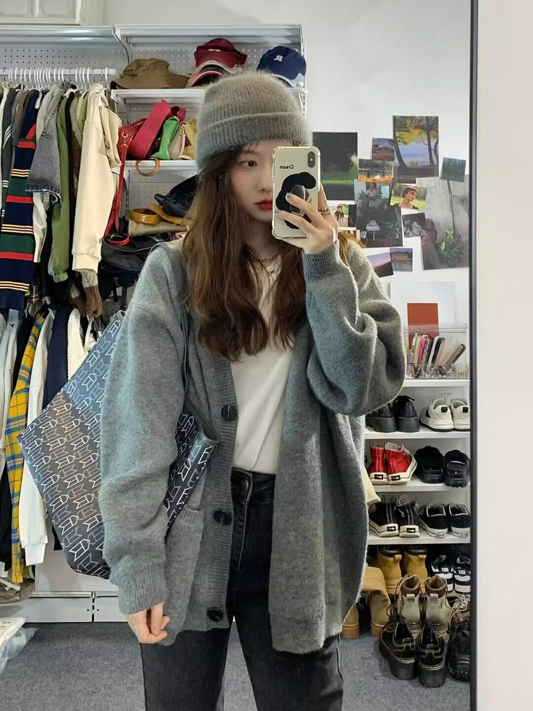 Autumn Clothing 2023 New Grey Knit Cardiovert Sweater Woman Superior Coat Early Autumn Loose Jacket Early Spring Wear-Taobao