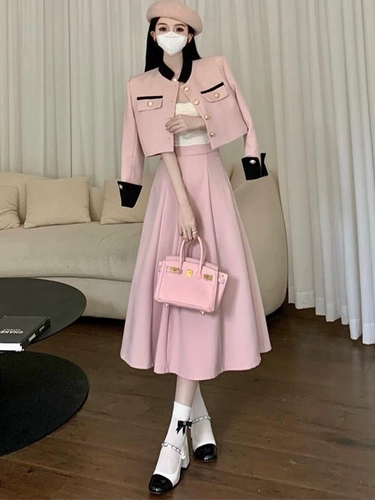 Розовая осенняя куртка, юбка, комплект, французский стиль, в стиле Шанель