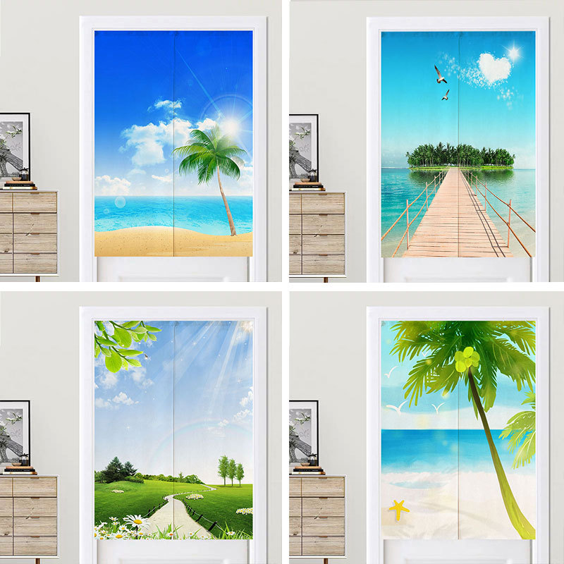 Blue Sky and White Clouds Fabric Door Curtain Beach Coconut Trees Grassland Scenery Pattern Kitchen Toilet Living Room Decoration Half Curtain Partition