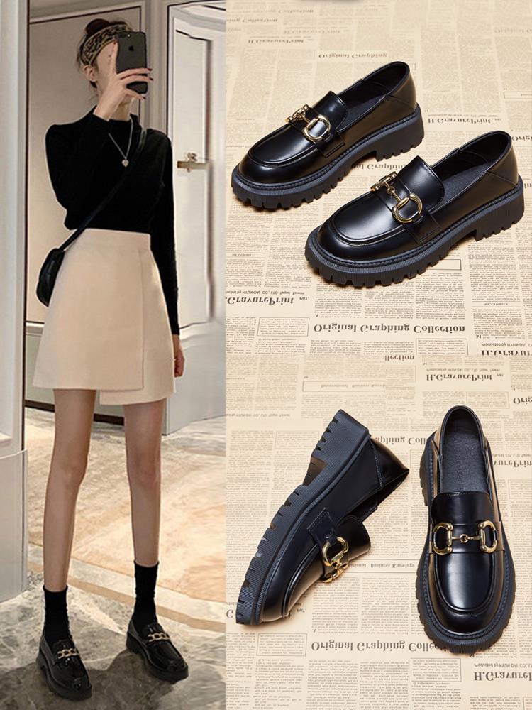 South Korea British style thick-soled small leather shoes women's 2022 new autumn and winter plus velvet black loafer jk shoes