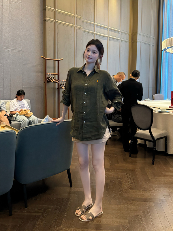[Old Money Workwear Olive Green] Embroidered Pony Linen Shirt for Women, Autumn 25, Sun Protection, Minimalist Long Sleeve Top