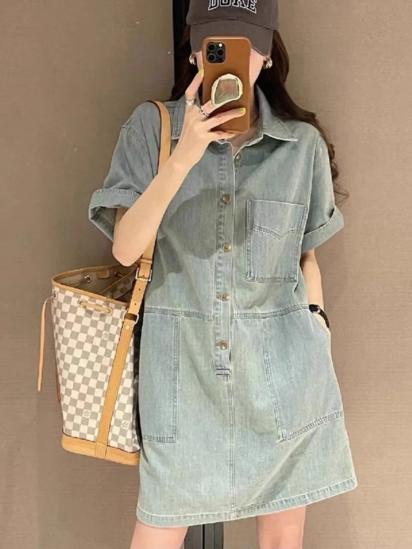 Plus Size 1.0-150kg Retro Polo Collar Denim Dress for Women, Summer Large Size Loose Design Mid-Length Skirt