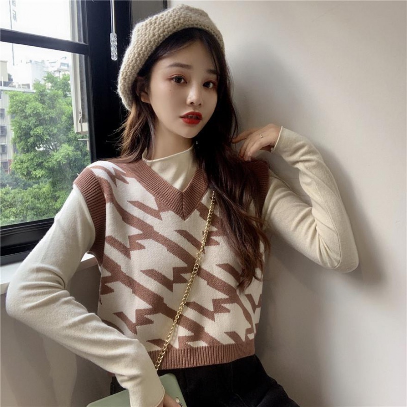 Autumn new set two-piece V collar fashion college style vest female semi-high collar slim base shirt top female