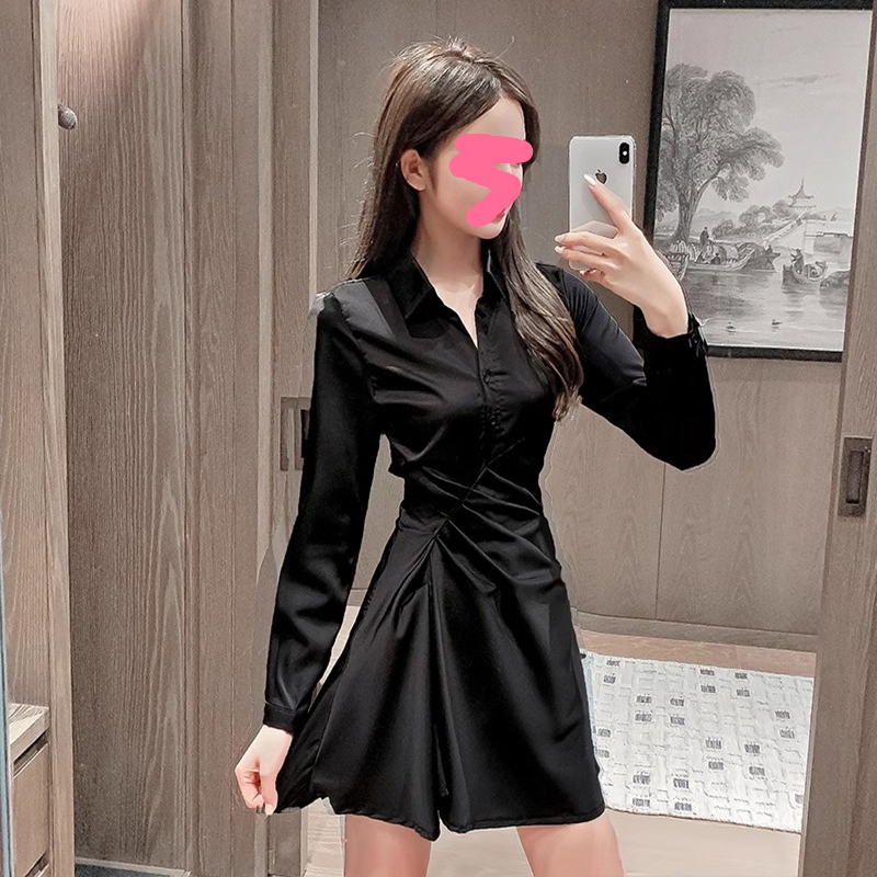 Autumn 2026 Elegant and Sophisticated Sexy Long-Sleeved Black Satin Dress Spring Outfit Bodycon Satin Shirt Dress