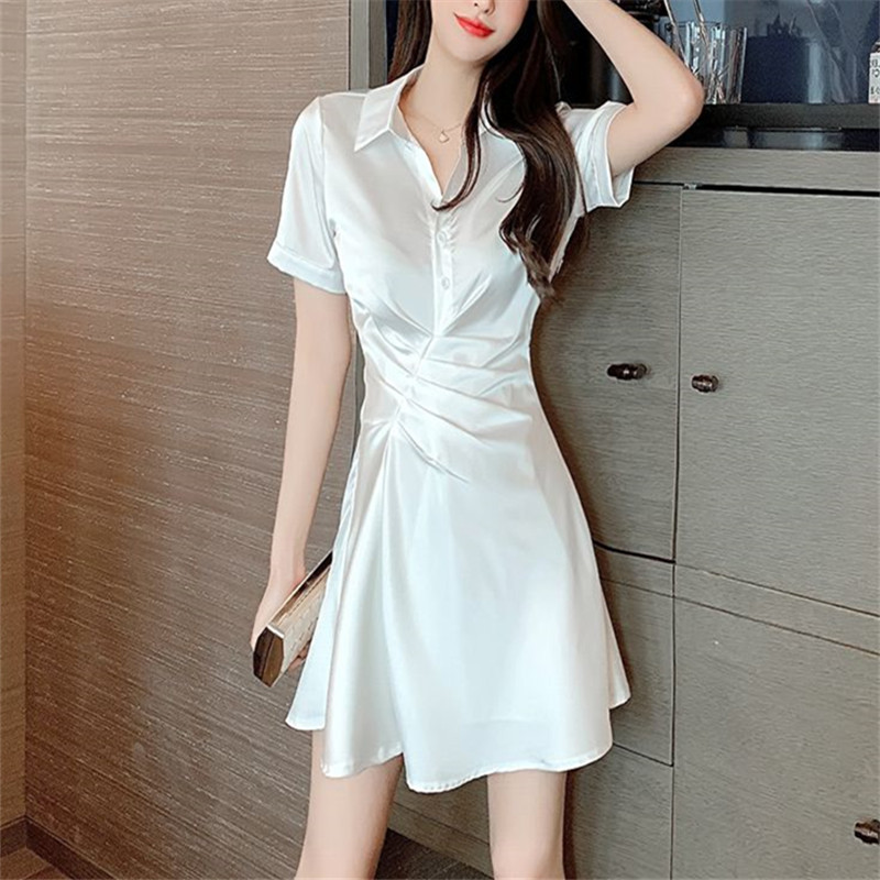 Elegant White Satin Pleated Irregular Waist-Cinching Shirt Dress for Women, Summer Slim-Fit Short-Sleeve Shirt Dress