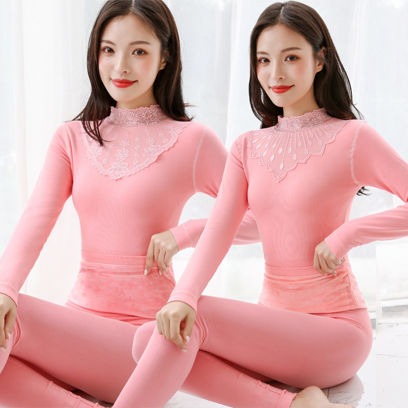 Middle and high collar lace heating clothes women's thickening and velvet suit students body tight cotton sweater autumn clothes sanitary pants winter
