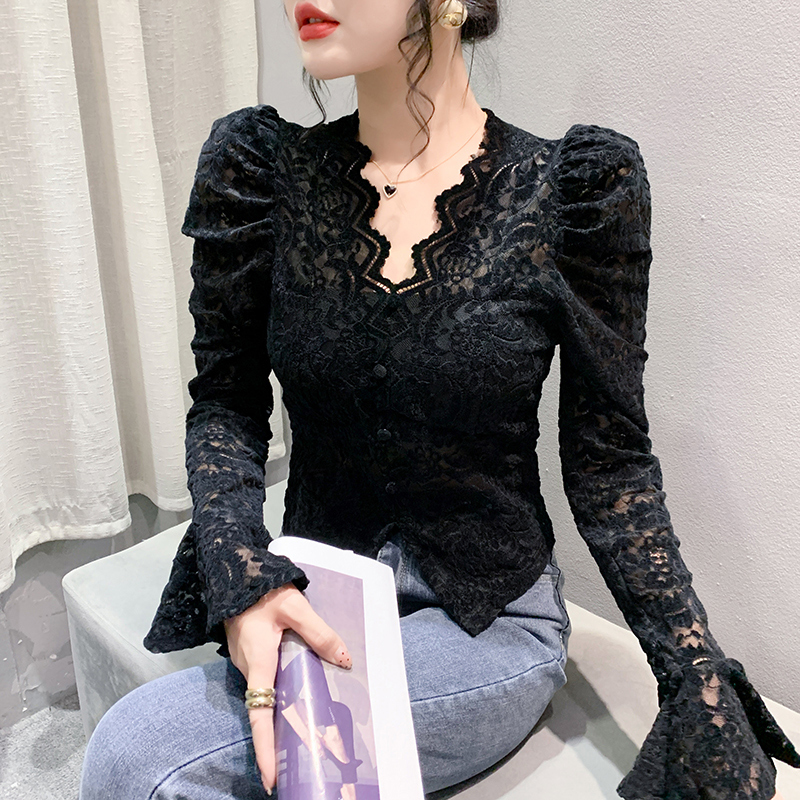 Flocked Lace Base Shirt for Women, Autumn and Winter European Fashion, Puff Sleeve Top, Stylish and Sexy V-Neck Long-Sleeve Blouse, Trendy Flocked Lace Base Shirt for Women, Autumn and Winter European Fashion, Puff Sleeve Top, Stylish and Sexy V-Neck Long-Sleeve Blouse, Trendy