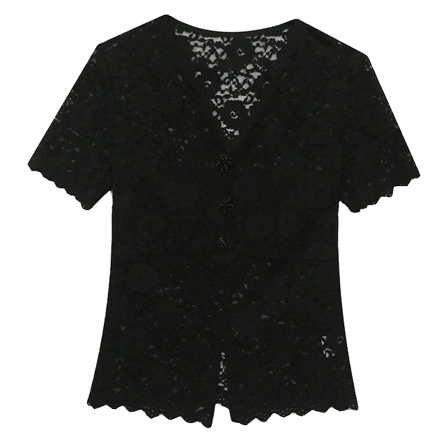 European Sexy Hollow Lace Shirt ເສື້ອແຂນສັ້ນ ທາງເທິງ