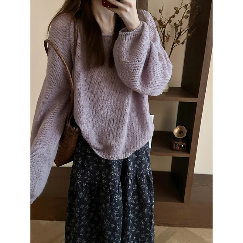 Autumn Korean Style Outfit Taro Purple Round Neck Lantern Sleeve Sweater for Women, Loose and Soft Versatile Knit Top for Autumn