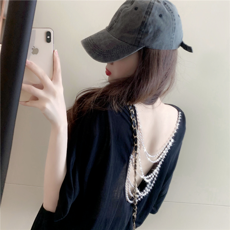Korean Style T-Shirt for Women, Loose Short-Sleeved, Unique and Beautiful Design, Backless Top with Cut-Out Back, Sexy Blouse