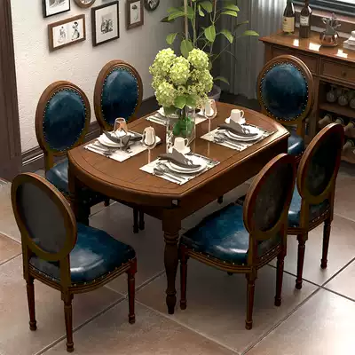 American solid wood dining table small apartment retractable folding round table multifunctional household dining table and chair combination dining table