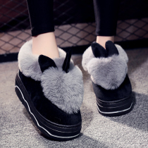 Winter high-heeled cotton slippers womens non-slip thick-soled Korean cartoon fashion waterproof indoor warm home bag heel cotton shoes