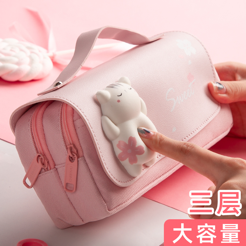 Net Red Decompression Pen Bag Elementary School Student Female Brief About Large Capacity Multifunction Pencil Case Ins Tide Day Department Cute Teenage Girl Hearts Lead Pencil Case Junior High School High School Junior High School Pencil Case Double Canvas Stationery Bag Little Fresh