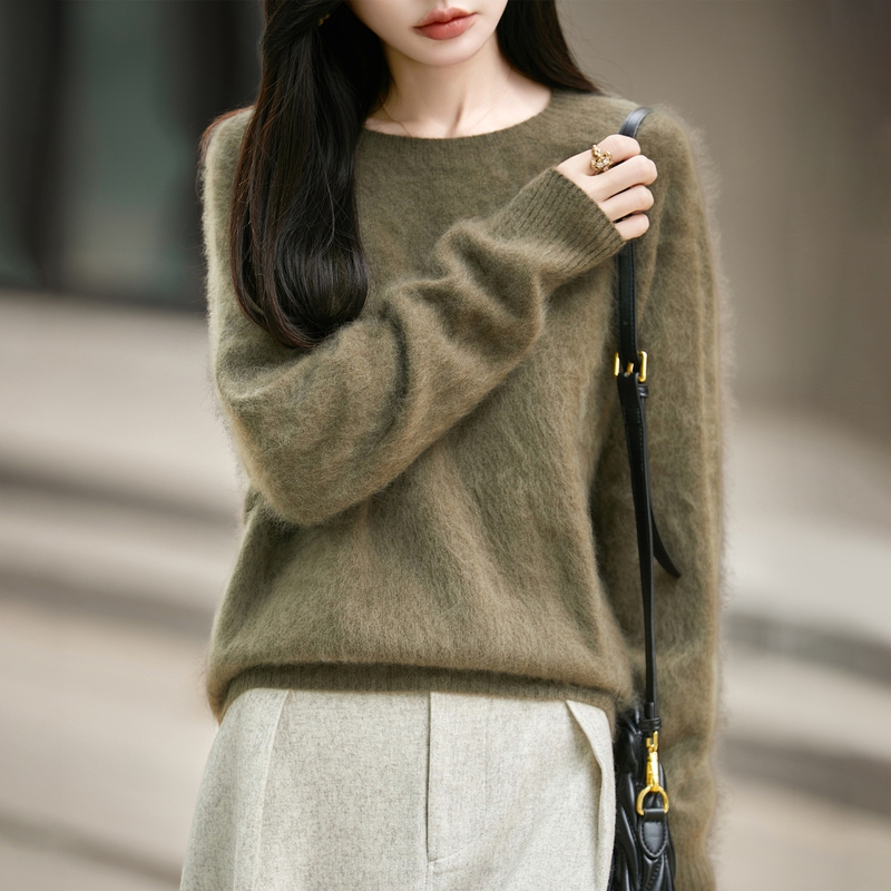 Brushed Wool Sweater for Women, Round Neck, Seamless, Mulberry Silk, Cashmere, Brushed Knit Sweater, Autumn and Winter, Loose, Lazy Style Sweater