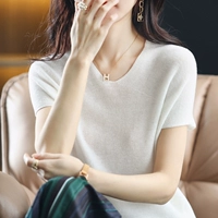 Летний шерстяной тонкий трикотажный свитер, футболка, короткий рукав, свободный крой