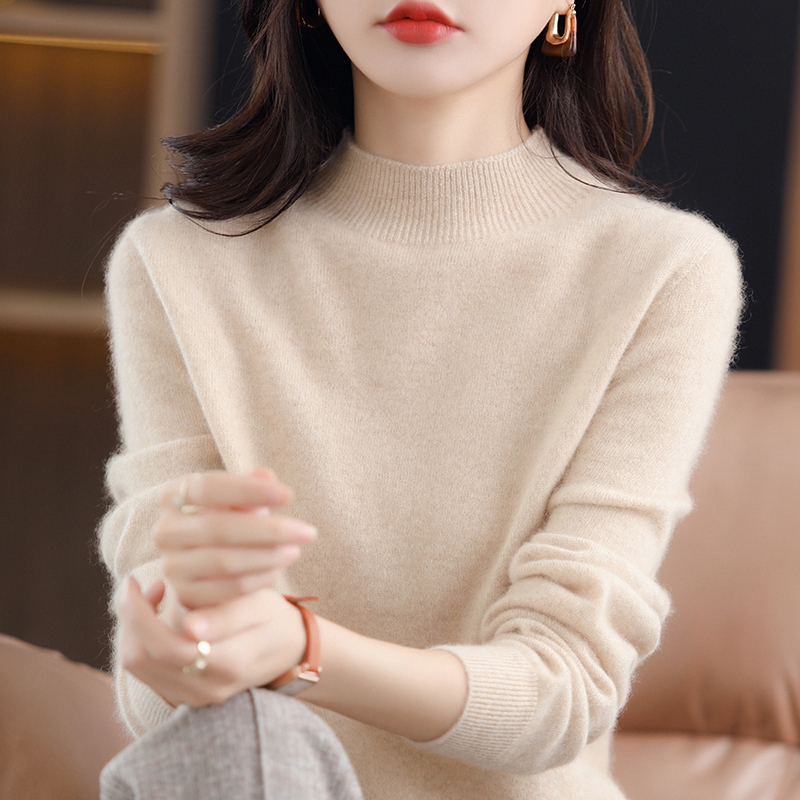 First-Line Ready-To-Wear Seamless Wool Sweater for Women, 100% Pure Wool, 2025 Autumn and Winter, Half-High Collar, Loose Pullover Base Sweater