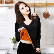 Velvet close-fitting base shirt Black low-collar warm clothes women thicken autumn and winter V-neck lace long-sleeved tight T-shirt