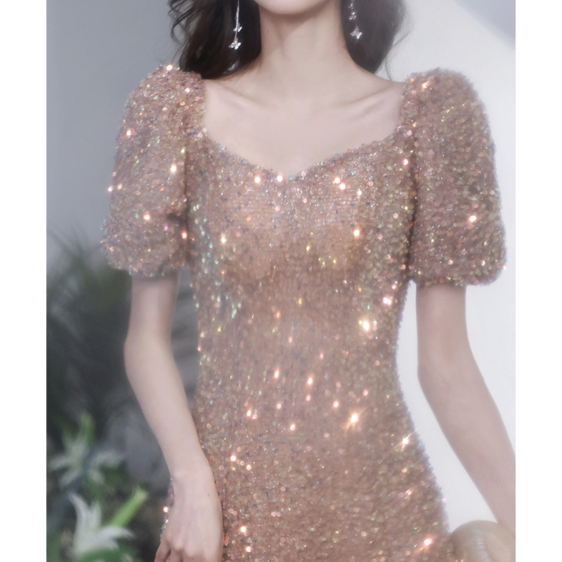 Sequined Petite Formal Dress for Adults, High-End Light Luxury, Niche, Sophisticated, Elaborate Craftsmanship, Toast Dress, Engagement Banquet, Elegant and Sparkling