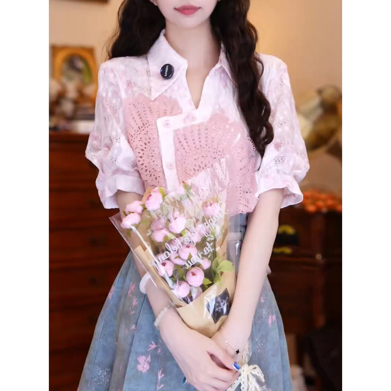 Retro Hong Kong Style Cut Out Lace Shirt for Women 2026 Summer New Fashion Elegant Lapel Puff Sleeve Versatile Top