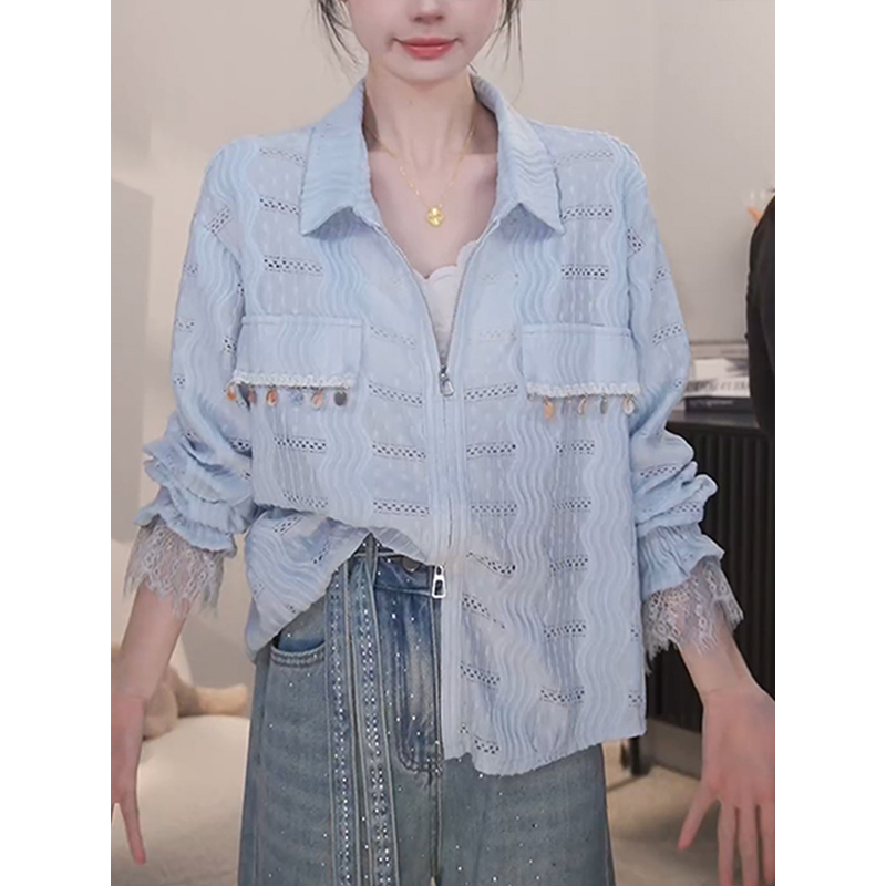 Fashionable and Versatile Polo Collar Shirt for Women, 2025 Summer Style, Blue, Age-Reducing, Complexion-Enhancing Shirt with Hollow Lace Splicing Fashionable and Versatile Polo Collar Shirt for Women, 2025 Summer Style, Blue, Age-Reducing, Complexion-Enhancing Shirt with Hollow Lace Splicing