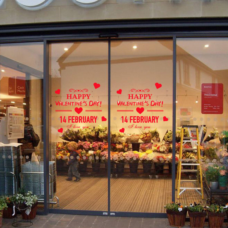 Valentines Day decorated ValentinesDay English jewellery shop florist shop window glass sticker waterproof